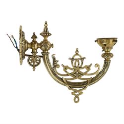 Pair of 19th century brass wall sconces, the articulated curved arms leading to single socket fitting detailed with entwined strapwork, Victorian diamond mark H24cm D28cm