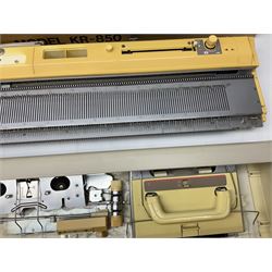  Brother cased knitting machine model KH-890 together with Brother Ribbing attachment model KH-850, knitting machine yarn cones in assorted colours, selection of knitting patterns etc