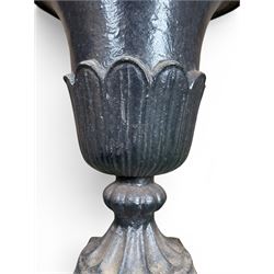 Pair of Victorian large scale cast iron garden urns, flared petal shaped rim with tapering waist, gadrooned base on square plinth, finished in black paint