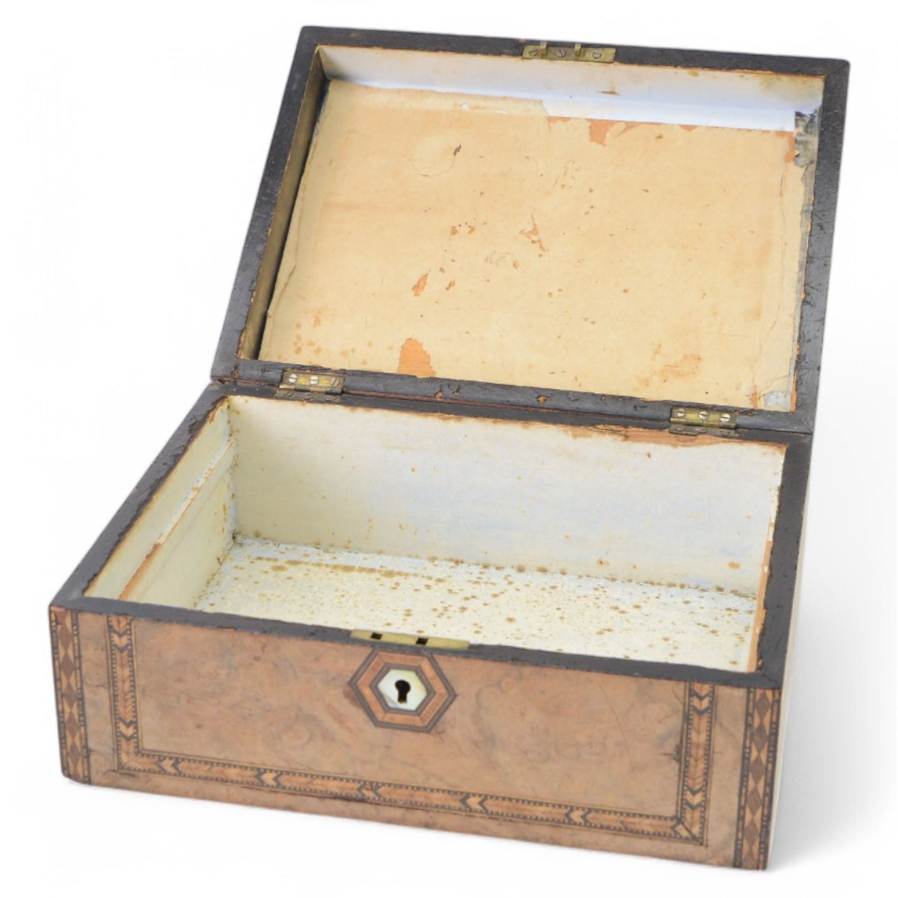 Victorian writing slope, with Turnbridge-ware styled Inlaid borders to the front and lid, opening to reveal and ebonised interior with letter rack, removable tray and writing slope and two further wooden boxes