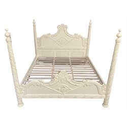 French design white finish 6' Super Kingsize four poster bed, shaped head and footboards decorated with flower heads and scrolled foliage, finialed reed moulded upright posts with intertwined ribbon