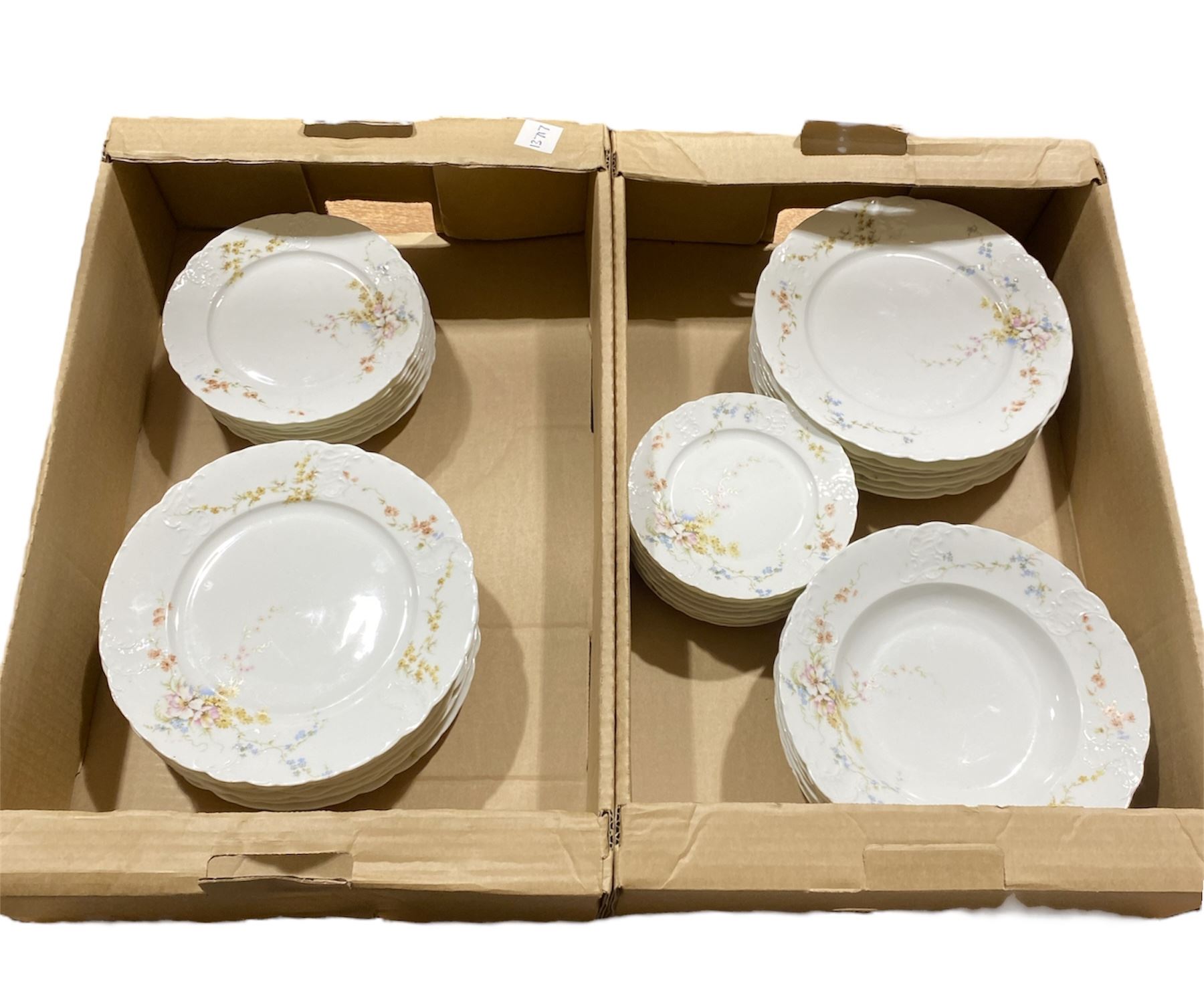 Victorian Rosenthal Tilly dinner wares, including dinner plates, side plates, dessert plates etc, all decorated with printed and painted florals, each with printed RC Sevres mark beneath
