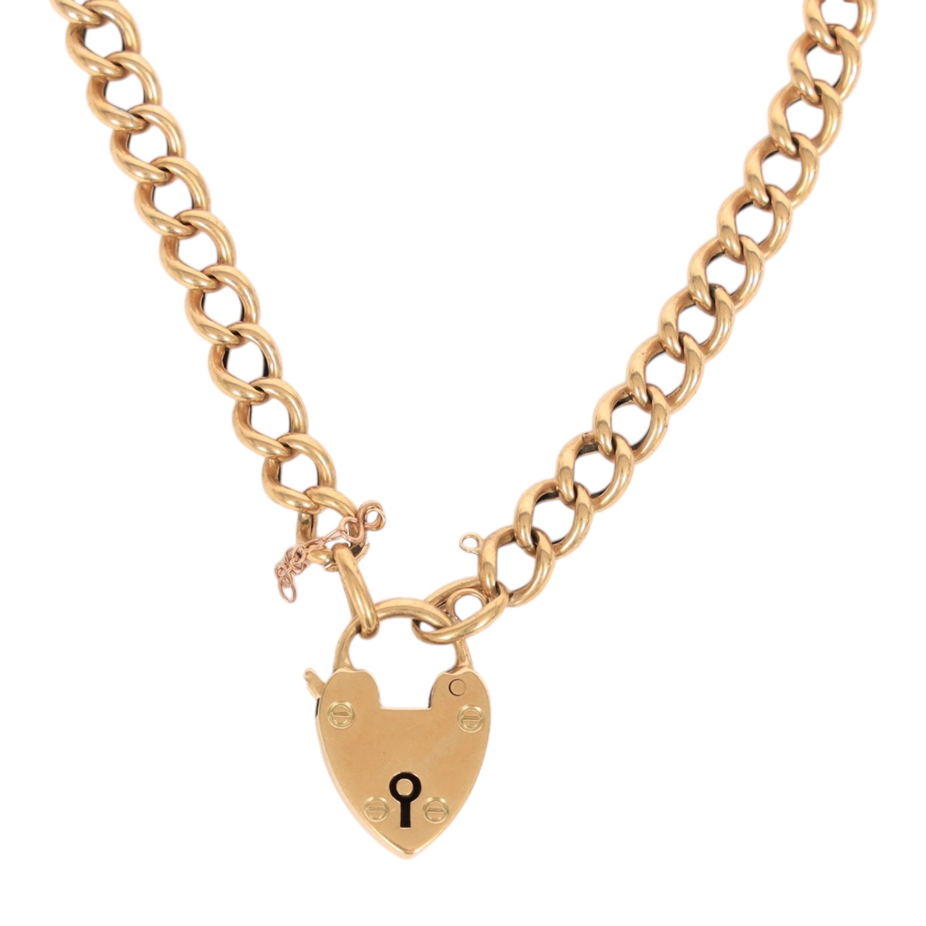 9ct gold curb link bracelet with heart padlock clasp, hallmarked