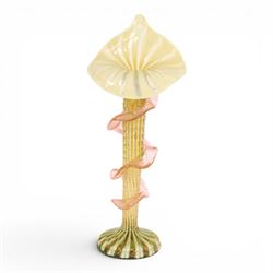 Victorian Jack in the Pulpit Vaseline glass vase, in shades of green and pink, H32cm