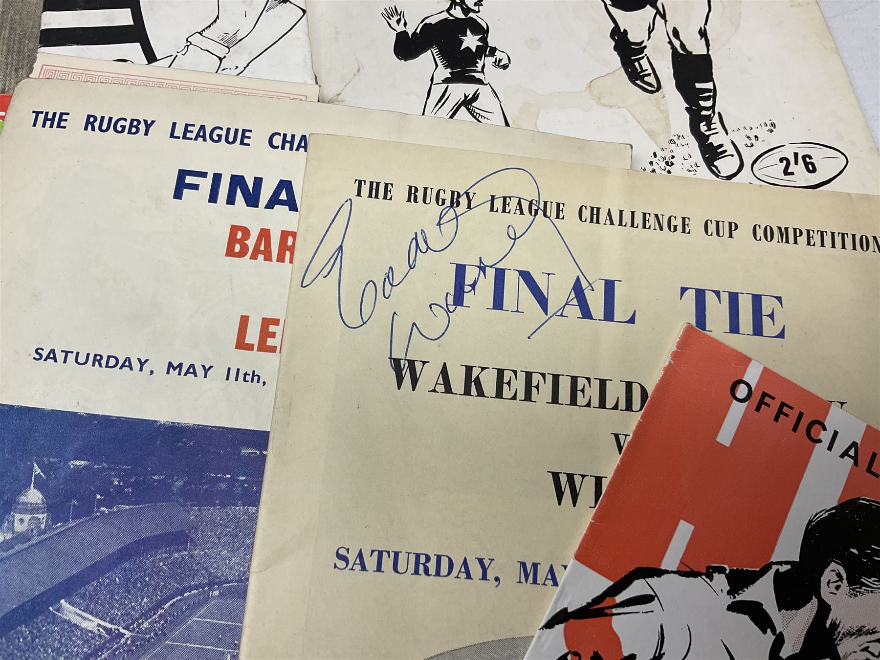 Rugby League - over thirty Hull Kingston Rovers match programmes 1950s/60s including home and away, various cup games, two 1969 single sheets and Last Match at Craven Park with ticket and club tie; five Challenge Cup Finals with tickets 1957-71 and 1962 signed by Eddie Waring; card mounted photograph of Barnsley United R.F.C. 1925/6; and other Rugby League ephemera