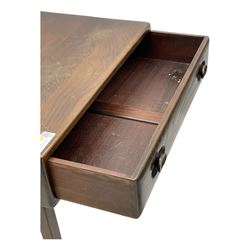 Ercol - dark elm console table, fitted with single drawer, on square tapering supports 