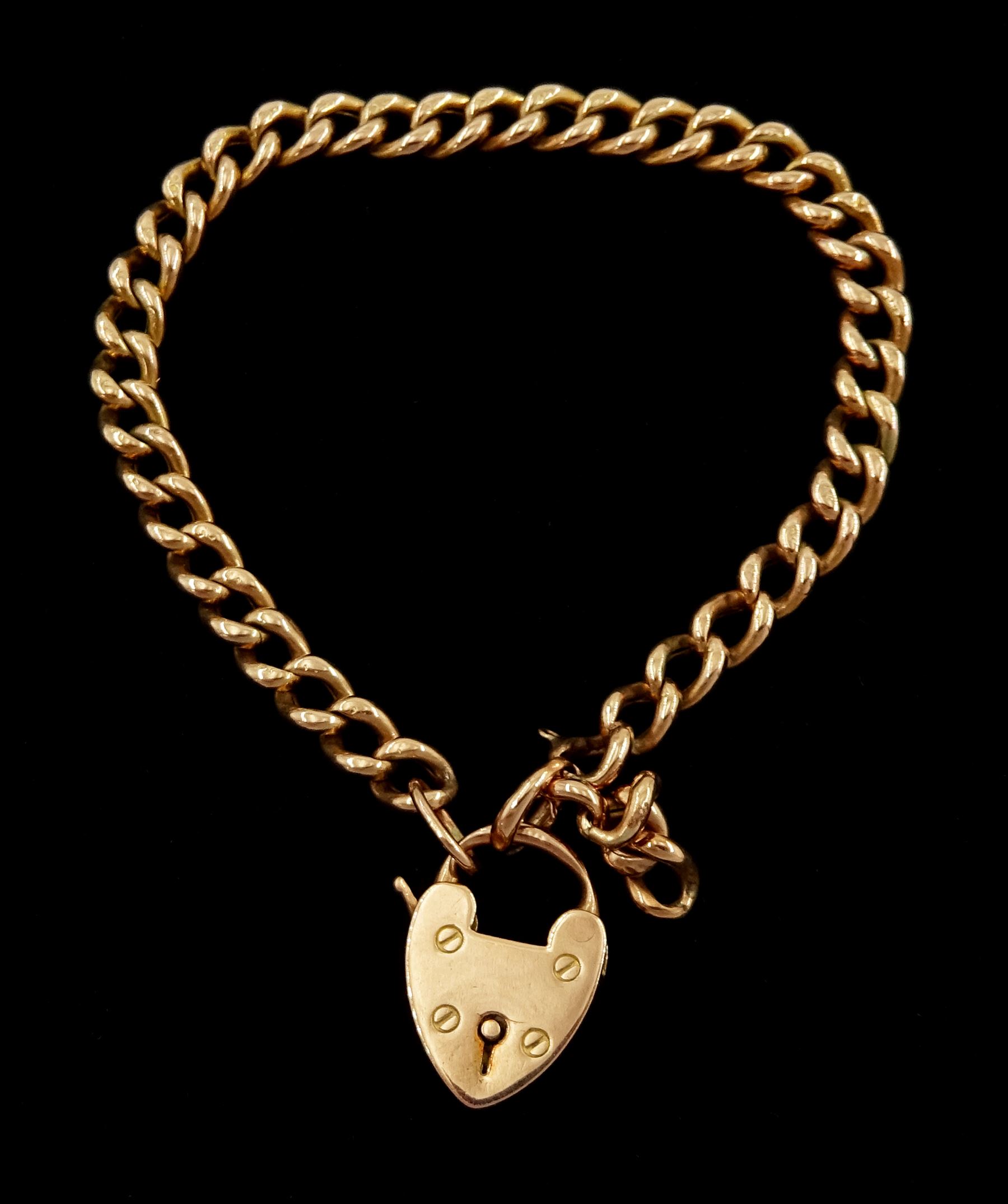 Edwardian 9ct rose gold curb link bracelet with heart padlock clasp, Birmingham 1908