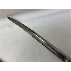 French Model 1866 sabre bayonet with 57cm fullered steel curving blade; in steel scabbard L71cm overall; another Model 1866 sabre bayonet lacking scabbard; and British Pattern 1856 sword bayonet (no scabbard) (3)