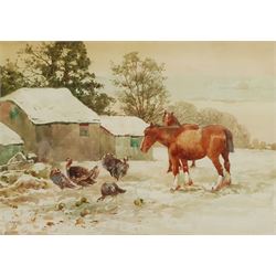 John Guttridge Sykes (British 1866-1941): Horses and Turkeys in a Snowy Farmyard, watercolour signed 25cm x 34cm