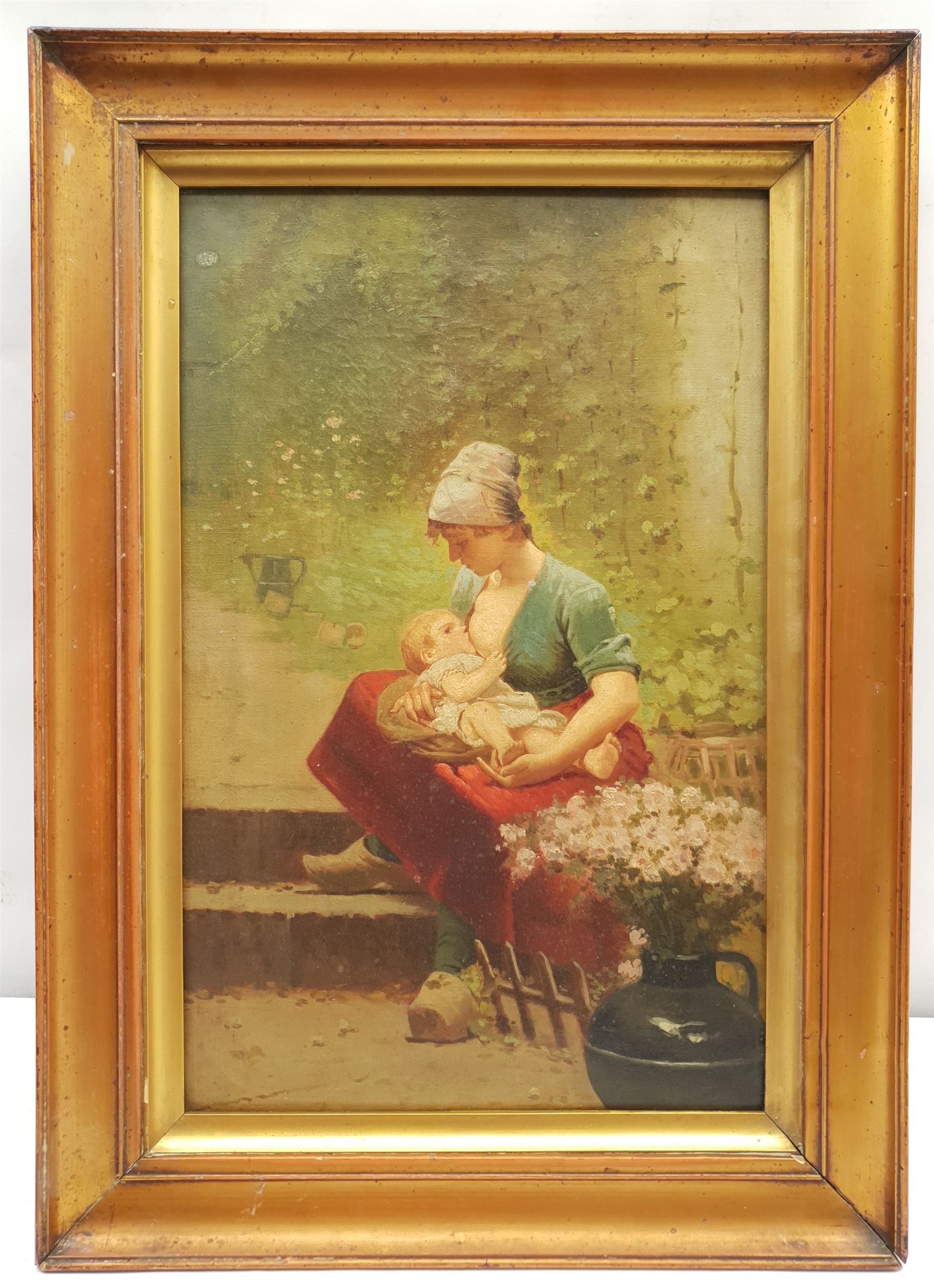 Continental School (19th century):  Nursing Mother seated on Outside Steps, oil on canvas unsigned 39cm x 25cm