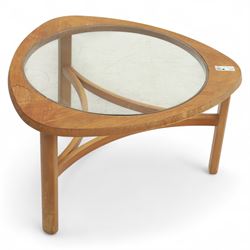 Mid-20th century teak and glass coffee table, of triangular form with rounded corners, inset circular glass top over curved stretcher base