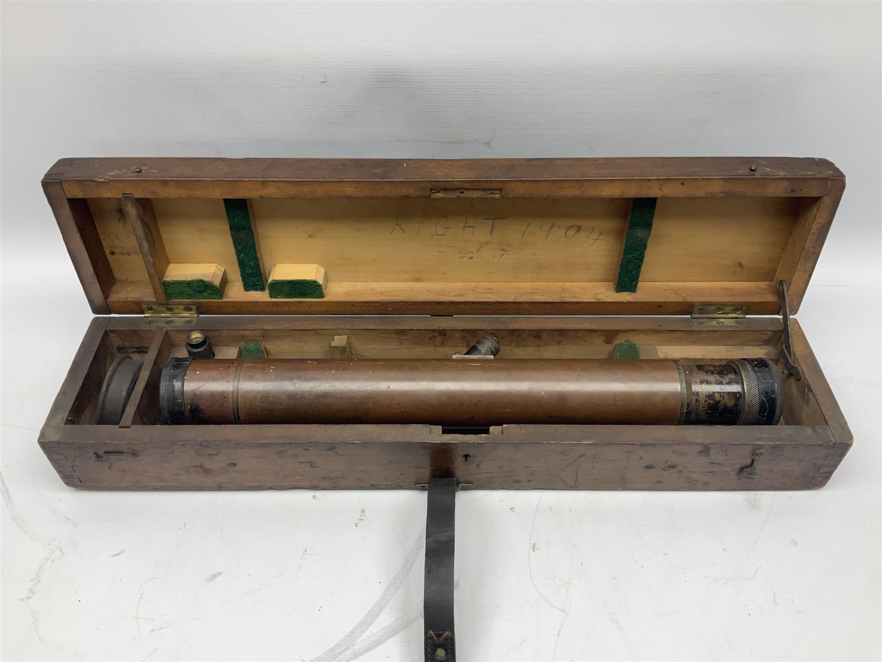Early 20th century brass and black japanned gunsighting telescope inscribed 'G.S. Telescope X8 No.2127 W.G. Pye & Co Cambridge 1918 No.18' with X graticule to lens L53cm; in wooden box marked 'Gunsighting Telescope'