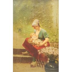 Continental School (19th century):  Nursing Mother seated on Outside Steps, oil on canvas unsigned 39cm x 25cm