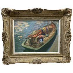 Clifford Hanney (British 1890-1990): Mediterranean Boat at the Quayside, oil on canvas board signed 27cm x 38cm