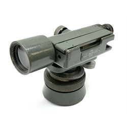 Black finished monocular microscope by Prior London No. 17372,  with pitchfork base and rack and pinion focusing, in original fitted wooden case with additional lenses, H32cm, together with Watts dumpy level, no. 116249, in a leather case