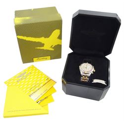 Breitling Shadow Flyback gentleman's stainless steel and gold-plated automatic chronometer wristwatch, Ref. B35312, serial No. 229225, silvered dial with three subsidiary dial and date aperture, on original stainless steel bracelet, with fold-over clasp, boxed with papers