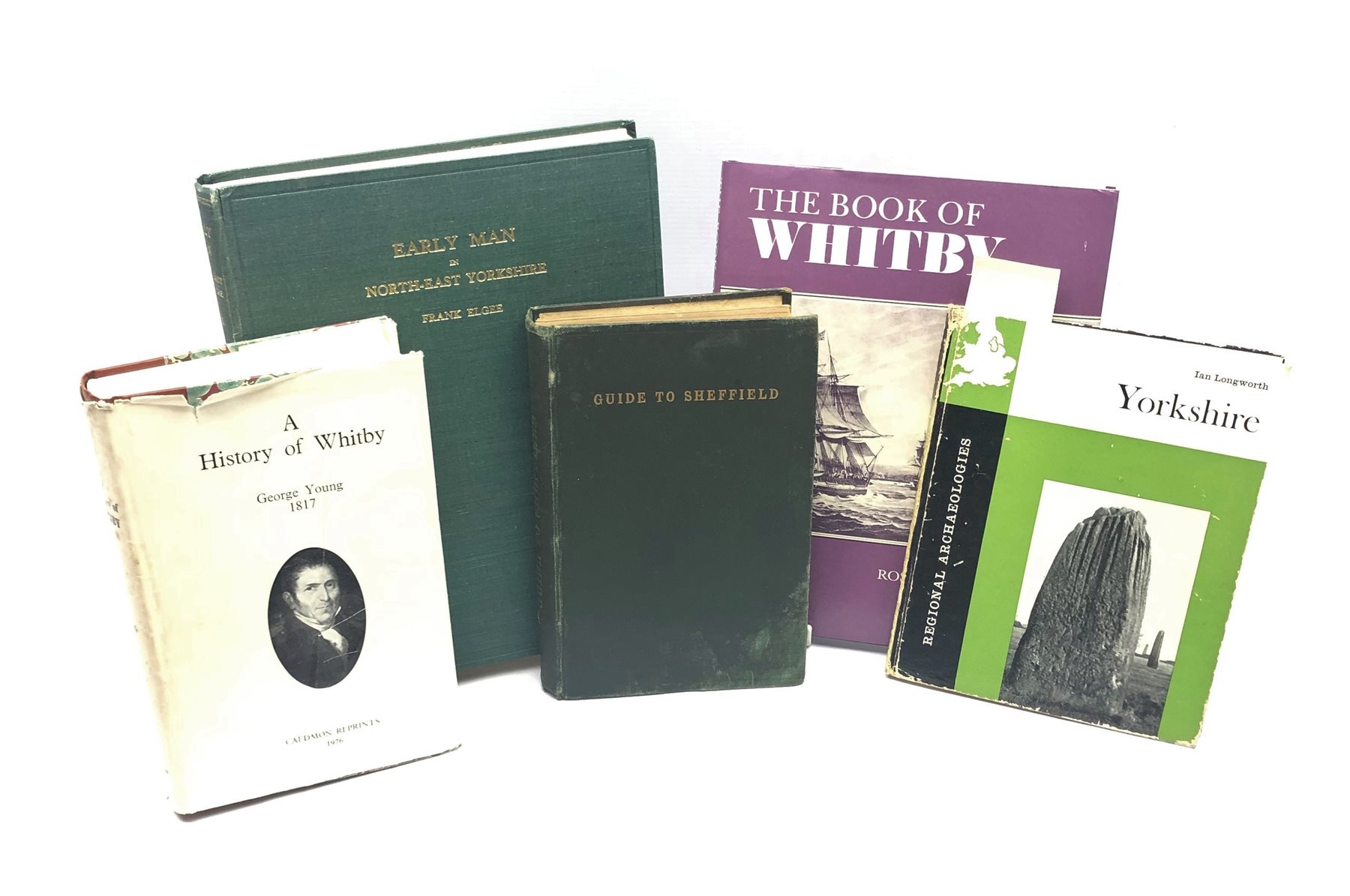  Elgee Frank: Early Man in North-East Yorkshire,1930, black/white and photographic illustrations. Green cloth gilt Barker Rosalin: The Book of Whitby, 1990, b/w and photo illust. signed by the author, unclipped d/w Young George: A History of Whitby, vol.ll  Caedmon 1976, in d/w Guide to Sheffield, pub.1899, green cloth and Longworth Ian: Yorkshire, pub.1965, (5)  