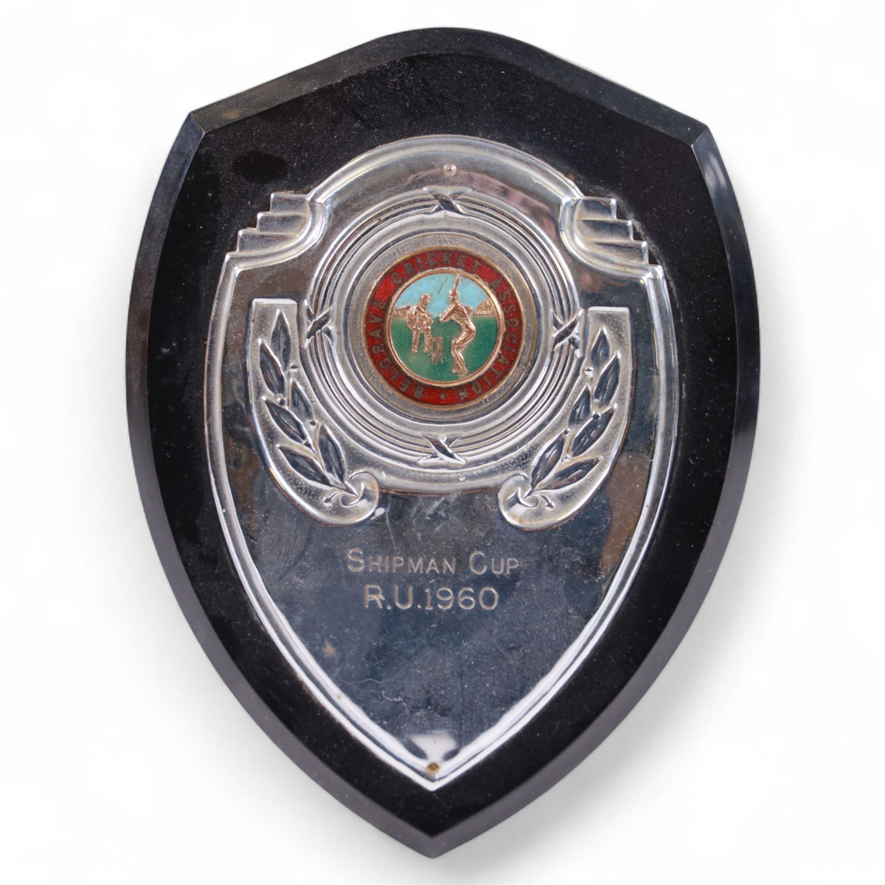 1950s and later cricket trophy cups and plaques, including LT Shipman's CC Winners Carpenter Cup & Shipman Cup 1954 trophy, Shipman's Cup 1956 and The Filbert's Winners 1956 SWBCC plaque, tallest H18.5cm