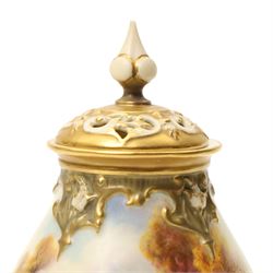 Royal Worcester Pot Pourri with pierced cover, the quatre lobed body painted with two sheep in a moorland setting by Harry Davis, date code for 1923 H17cm