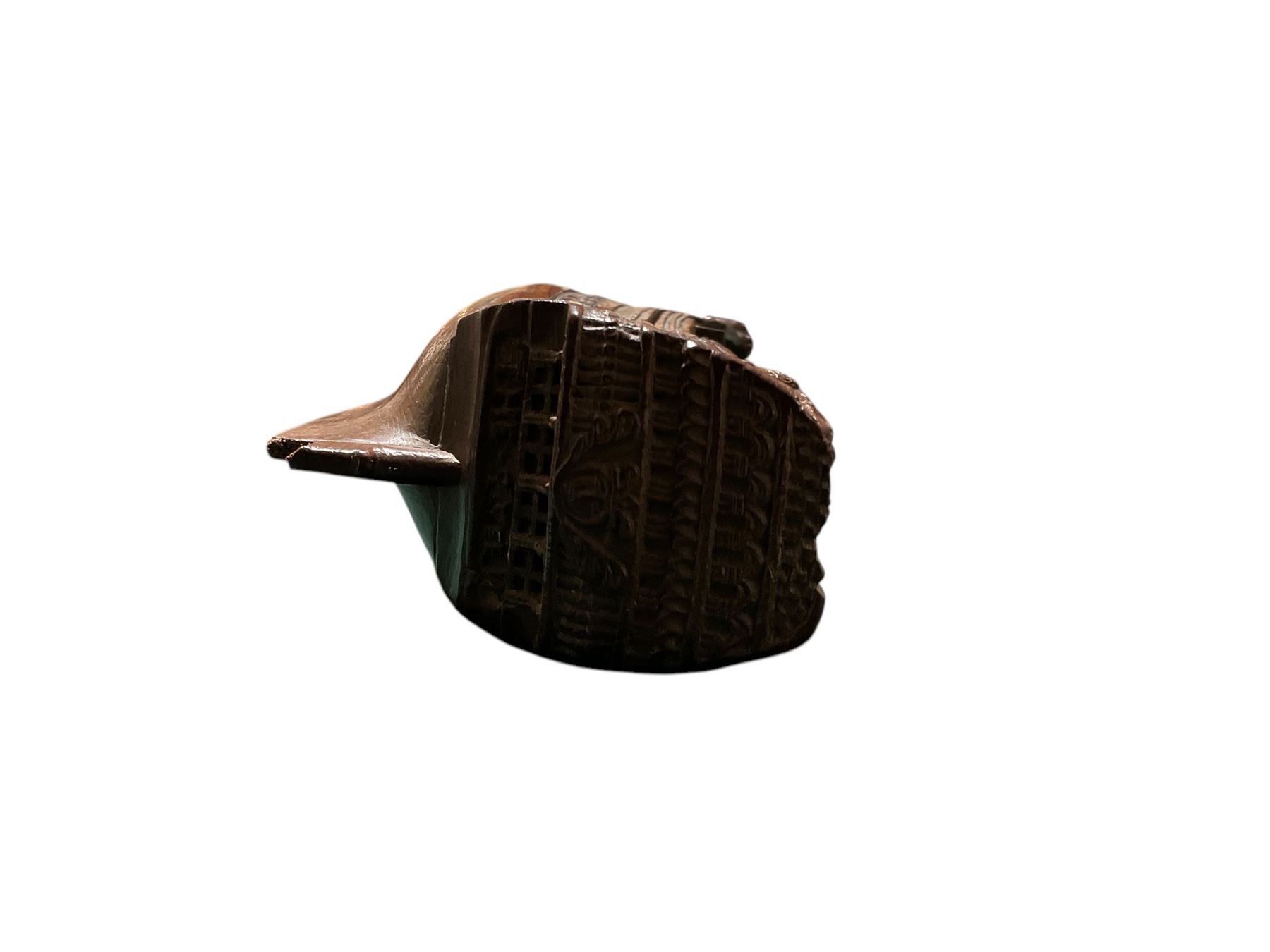 19th century treen snuff box in the form of a ship, with carved detail including windows and mythical figures, L15cm, H6cm