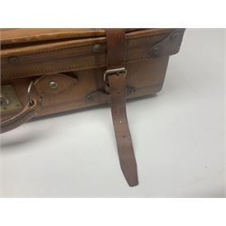 Late 19th/early 20th century stitched and studded leather portmanteau type suitcase with expanding lid and straps, L61cm