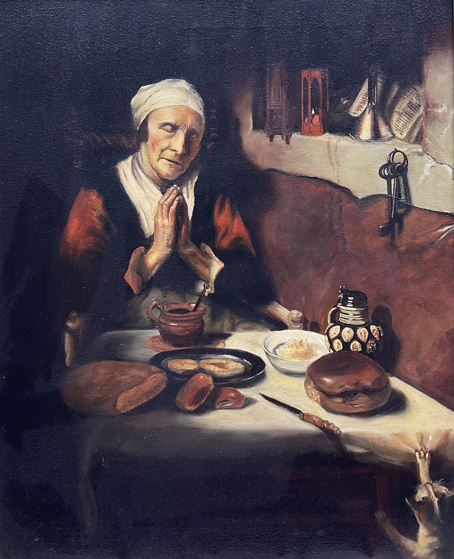 David Thompson (British 20th century) after Nicolaes Maes (Dutch 1634-1693): 'Old Dutch Woman Saying Grace', oil on canvas after the original housed in the Rijksmuseum, signed titled and dated 1974 verso 54cm x 44cm