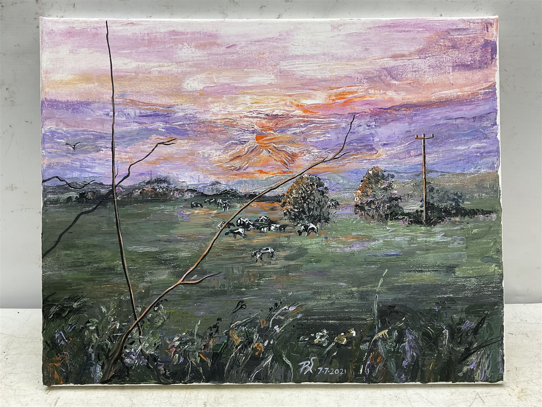 Paula Seller (Northern British Contemporary): 'Rural Sunset', acrylic on canvas signed with monogram and dated 2021, titled verso 41cm x 51cm (unframed)