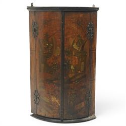 George III period lacquered chinoiserie cylindrical corner cabinet, decorated with traditi...