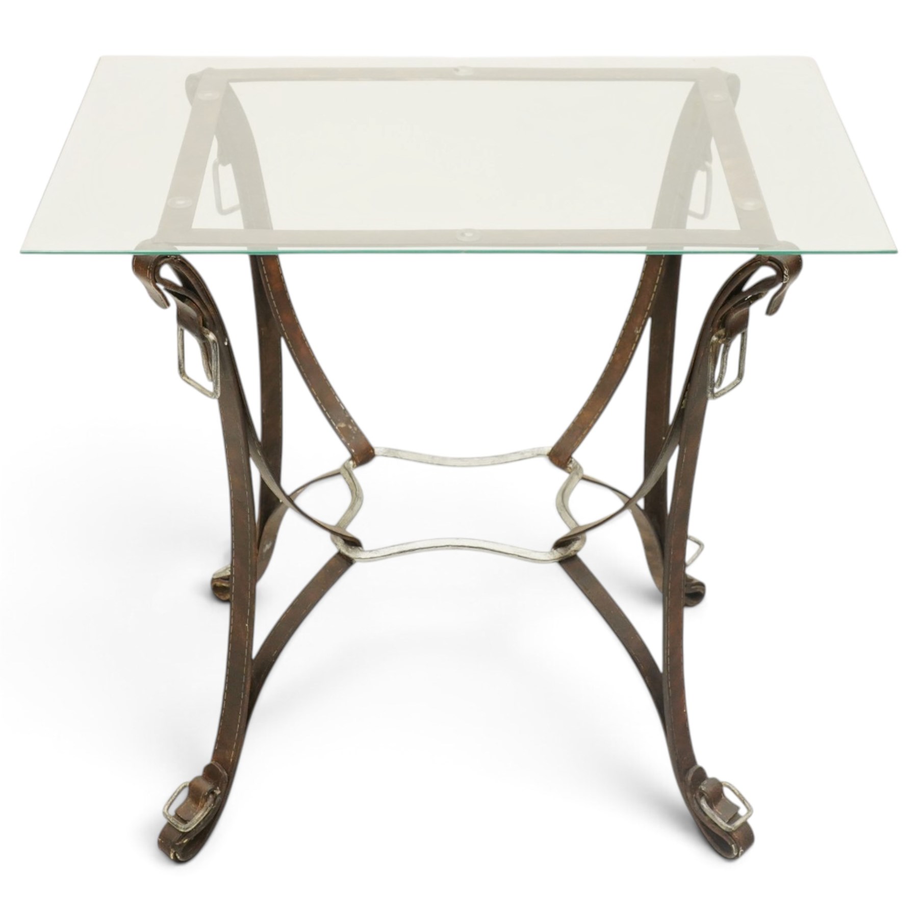 And So To Bed - 'Handel' side table with horse-tack style simulated leather wrought metal supports, rectangular glass top raised on shaped bridle-style supports united by shaped metal stretcher