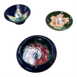 Moorcroft Orchid pattern vase of baluster form, together with four other Moorcroft items, Royal Worcester vase 1748 and Royal Crown Derby vase