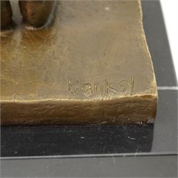 After Banksy - 'Bomb Love', bronze figure of a girl holding bomb, bearing signature, on marble base, overall H32.5cm