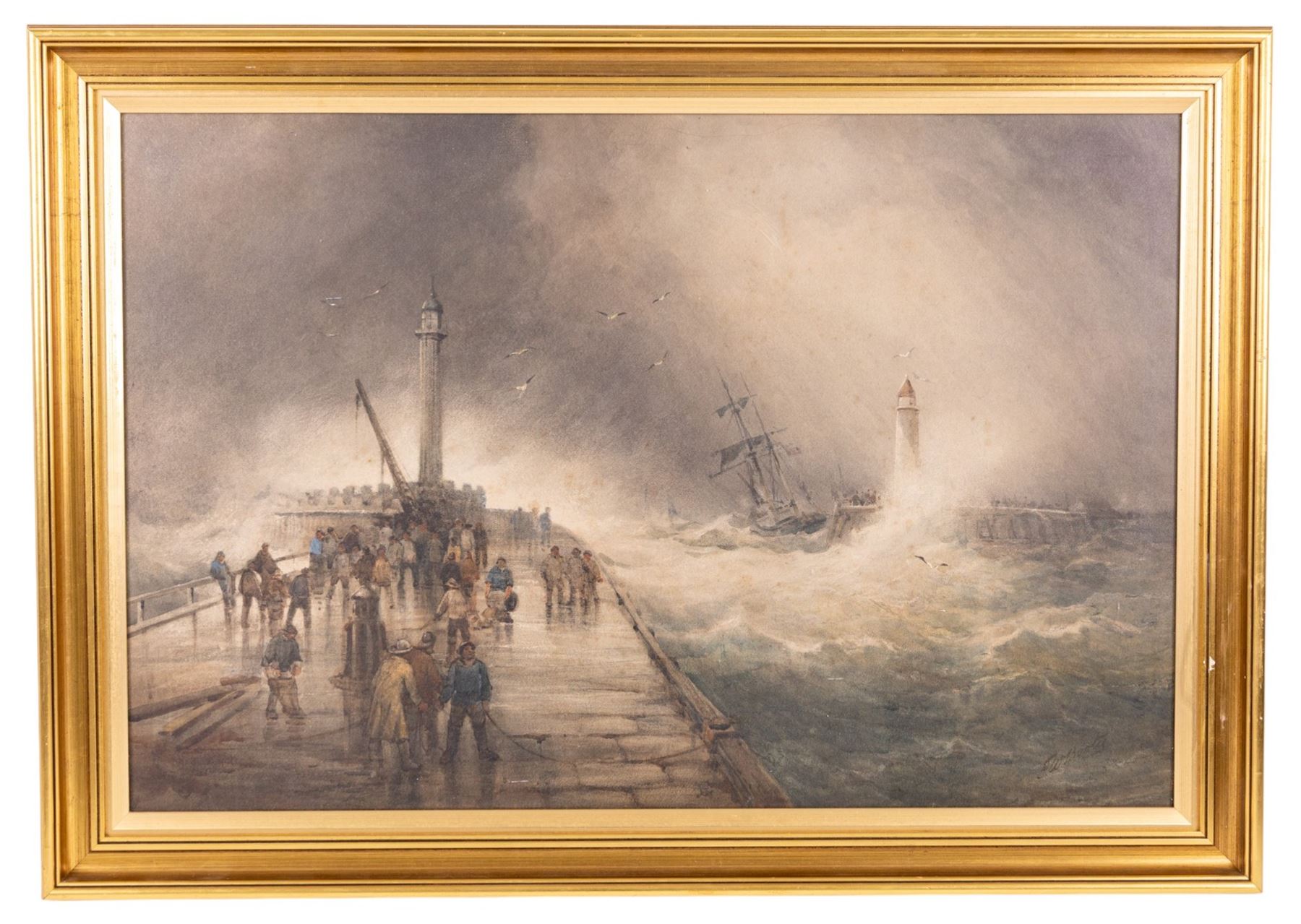 Frederick William Booty (British 1840-1924): Whitby Piers in Stormy Seas, watercolour signed 56cm x 84cm