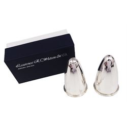 Pair of modern silver salt and pepper shakers, of tapering faceted form, hallmarked Laurence R Watson & Co, Birmingham 2009, H7cm, boxed 