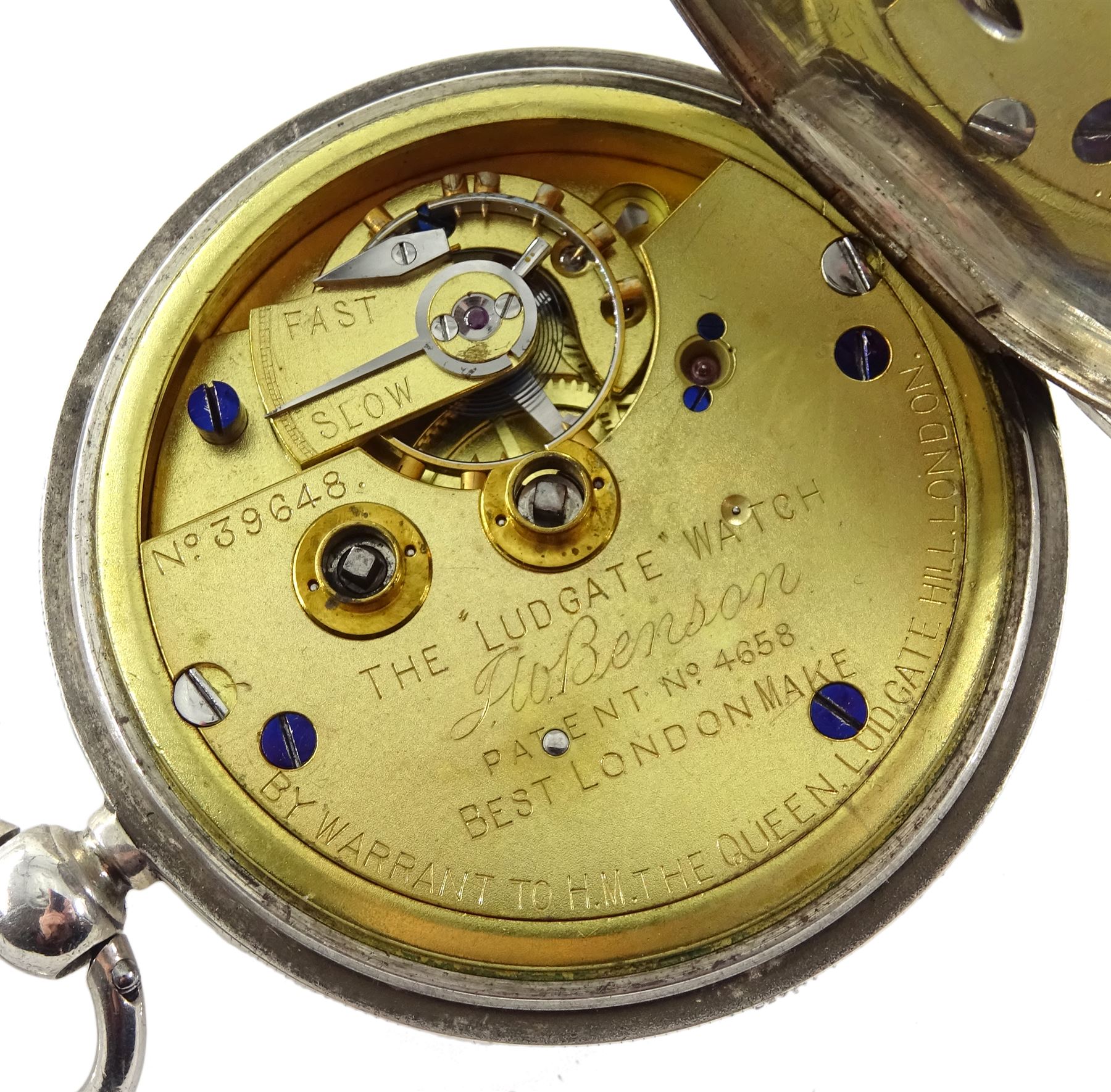 Victorian silver open face key wound 'The 'Ludgate' Watch' by J. W. Benson, London, No. 39648, patent No. 4658, white enamel dial with Roman numerals and subsidiary seconds dial, London 1889 