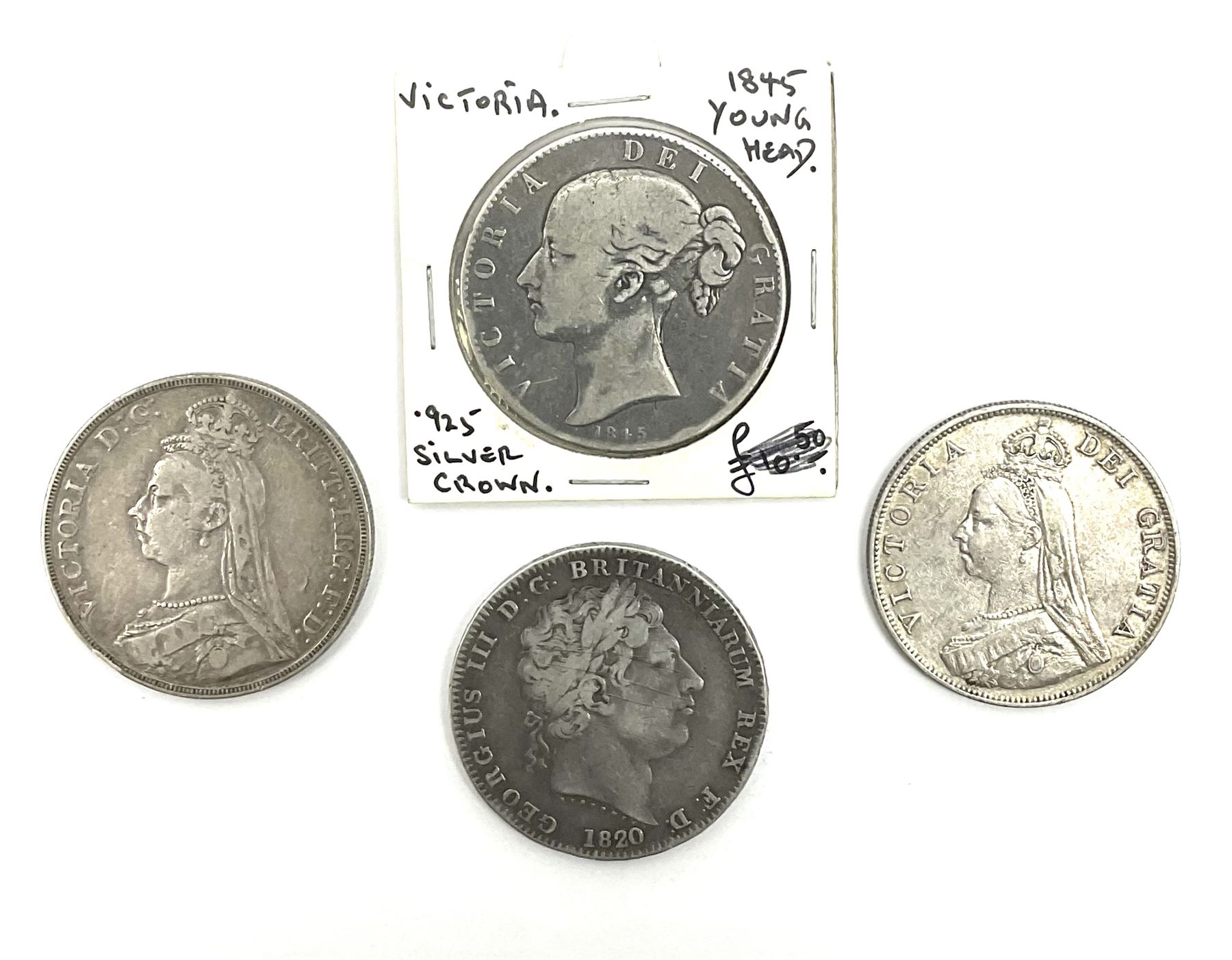King George III 1920 crown, Queen Victoria 1845 and 1890 crown coins and a Queen Victoria 1889 double florin (4)