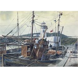 Sam Burden (British 1932/38-): Grimsby Trawler Moored beside Scarborough Lighthouse, watercolour signed 36cm x 49cm