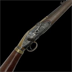 Late 18th century 7.2mm (approx. .28 calibre) Girandoni system single shot reservoir air rifle, the 62cm steel barrel with swivelling two-leaf rear sight, brass breech decorated with a sunburst and lever opening top loading, engraved steel lock-plates marked 'S. Gaskell' to the right side underneath the cocking lever, brass trigger guard,  leather covered steel butt reservoir of tapering conical form with brass ferrule and walnut fore-stock with horn mounts L107cm overall