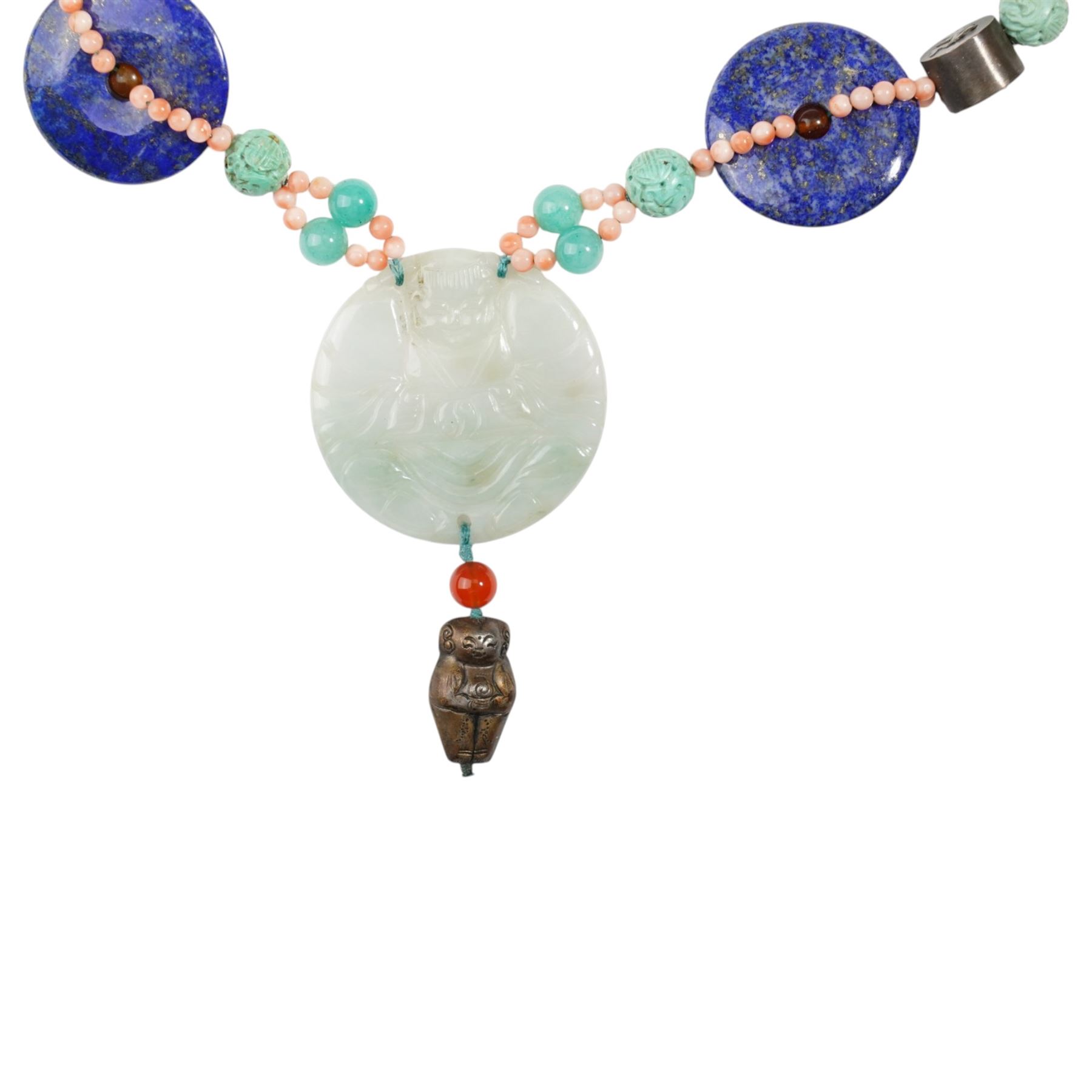 Chinese stone set necklace, with carved buddha disc, carved agate rabbits, lapis lazuli bi disc beads, coral and other hardstone beads