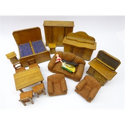  1940s wooden dolls house bedroom and living room furniture including a sideboard, L19cm, wardrobe, double bed, bedside tables, settee etc   