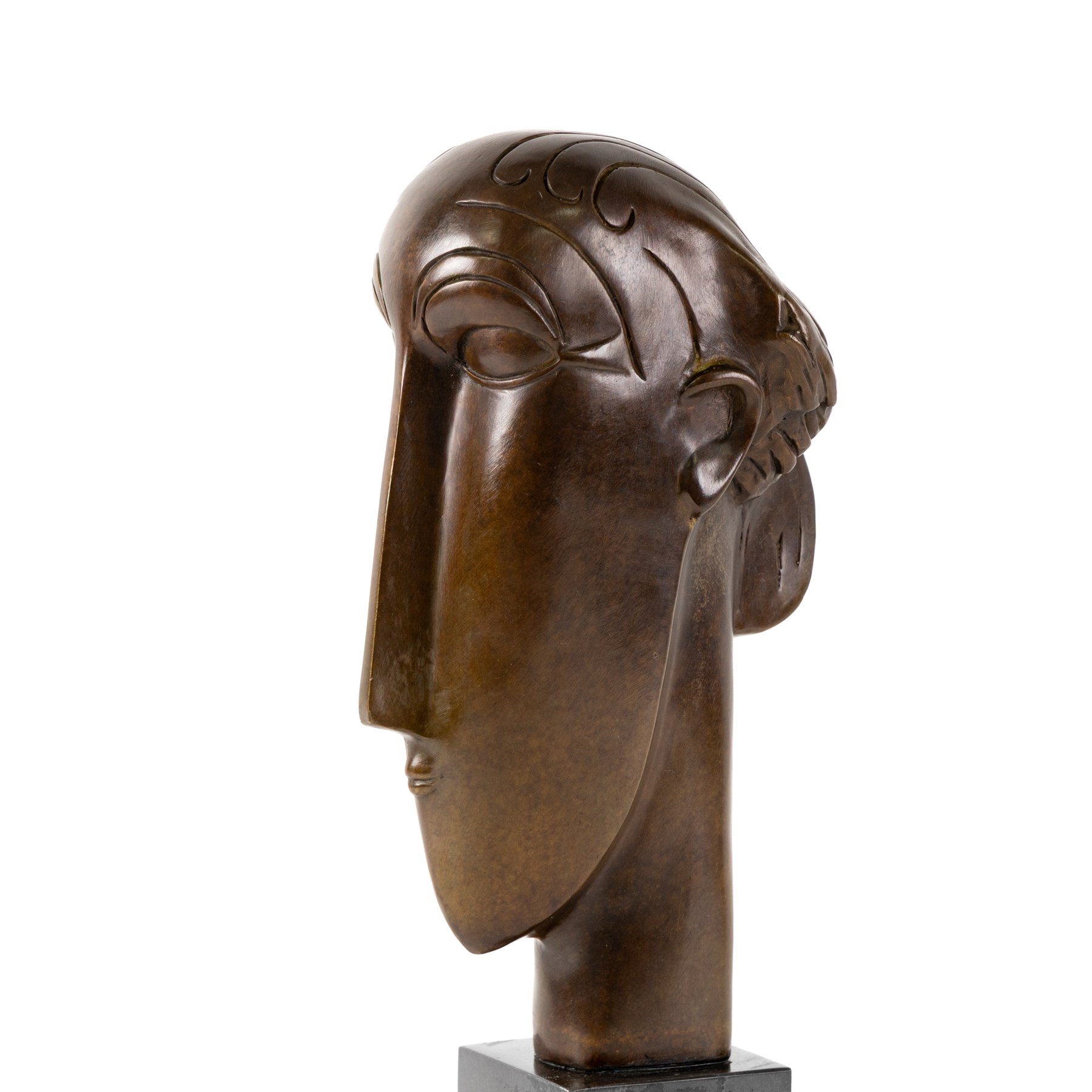 After Amedeo Modigliani - bronze sculpture modelled as a female face, upon a square base, overall H38cm