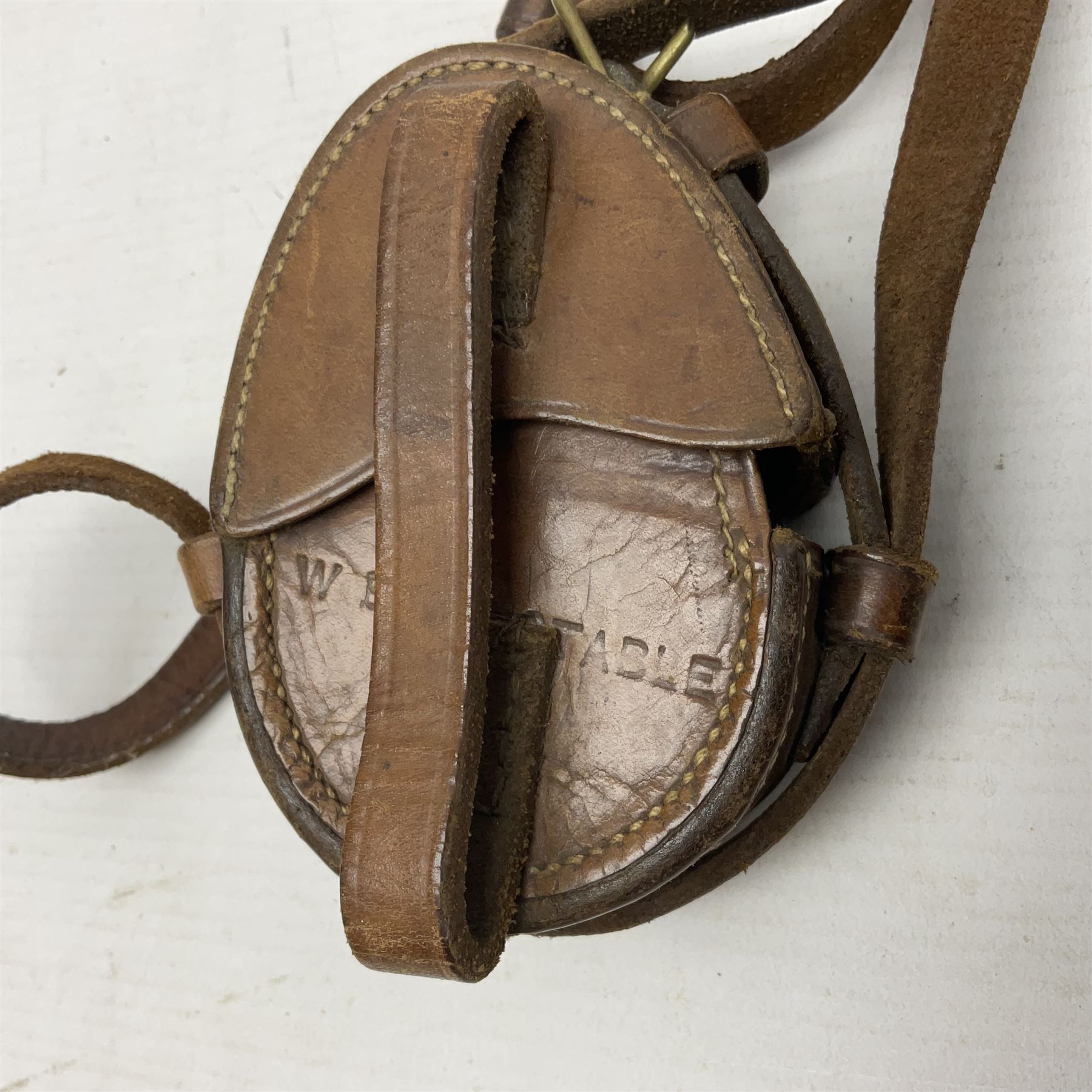 Broadhurst Clarkson brass and leather 4-draw telescope, the first draw with graduations, sliding lens shroud and leather covers for both ends on shoulder strap; marked 'Broadhurst Clarkson & Co. Ltd. 63 Farringdon Road London E.C.', L87cm fully extended; together with a WWI brass marching compass marked F-L No.123113 1918 (broad arrow); crudely etched L.H. McD. Latham; in associated Brooks & Co. leather case dated 1913 stamped W.B. Constable (2)