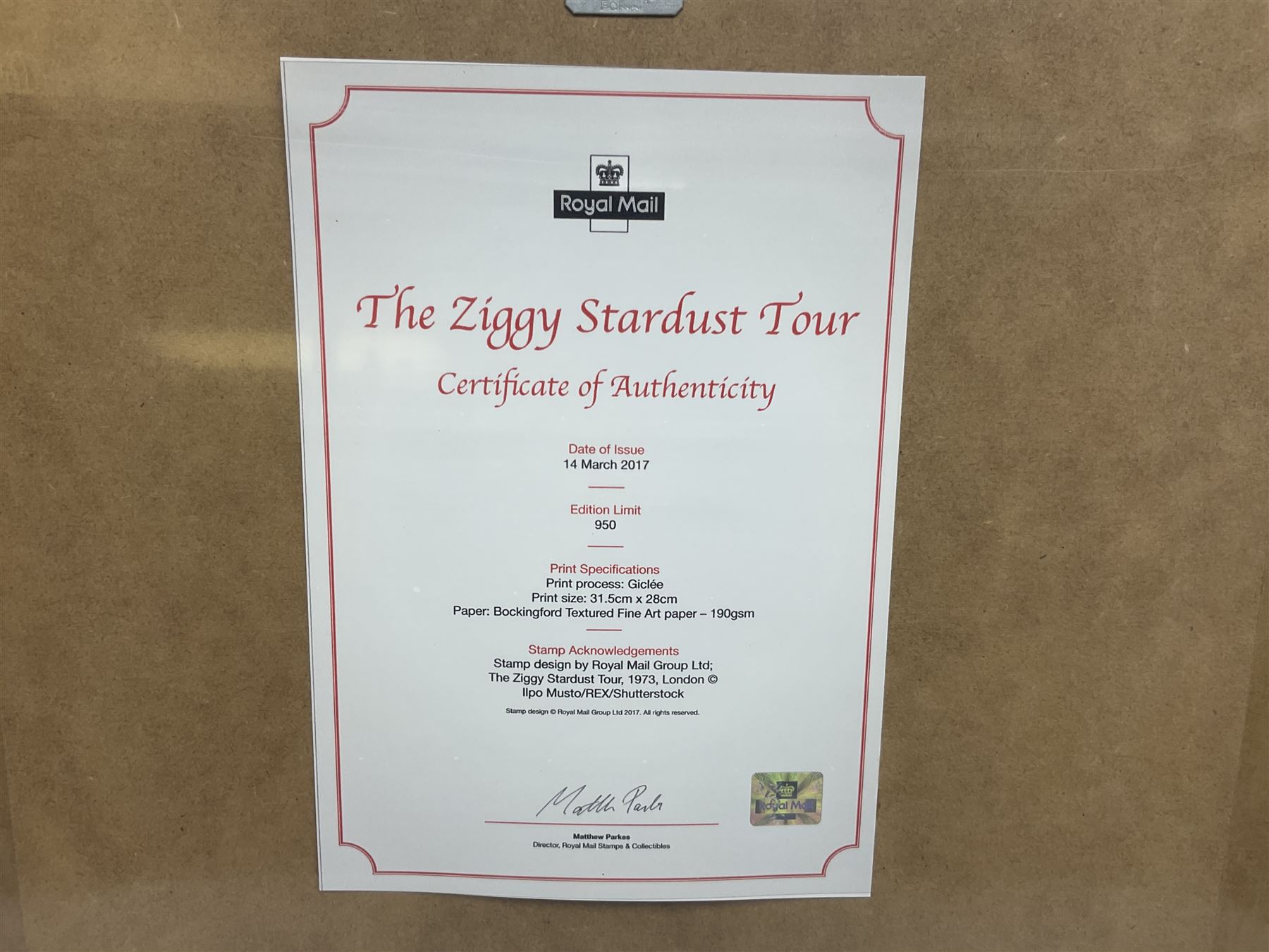 Set of four Royal Mail David Bowie limited edition album stamp prints, comprising Heroes, Ziggy Stardust Tour, Hunky Dory and Let's Dance, all framed and in original packaging, H43cm W43cm