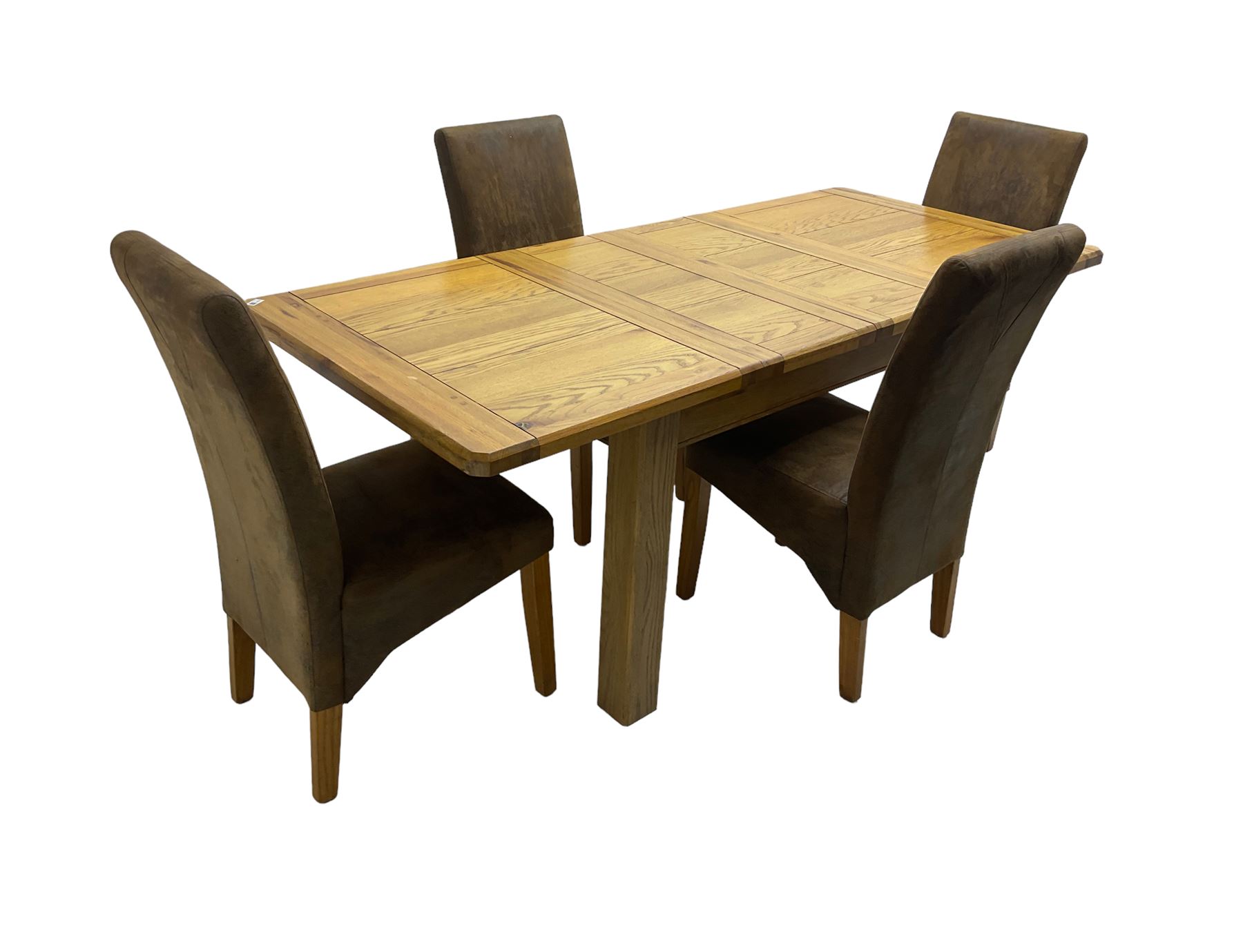 Contemporary oak extending dining table, rectangular top with canted corners on square supports, with two additional leaves (W133cm D93cm H78cm); and set four high back dining chairs, upholstered in brown faux suede (W46cm H103cm)