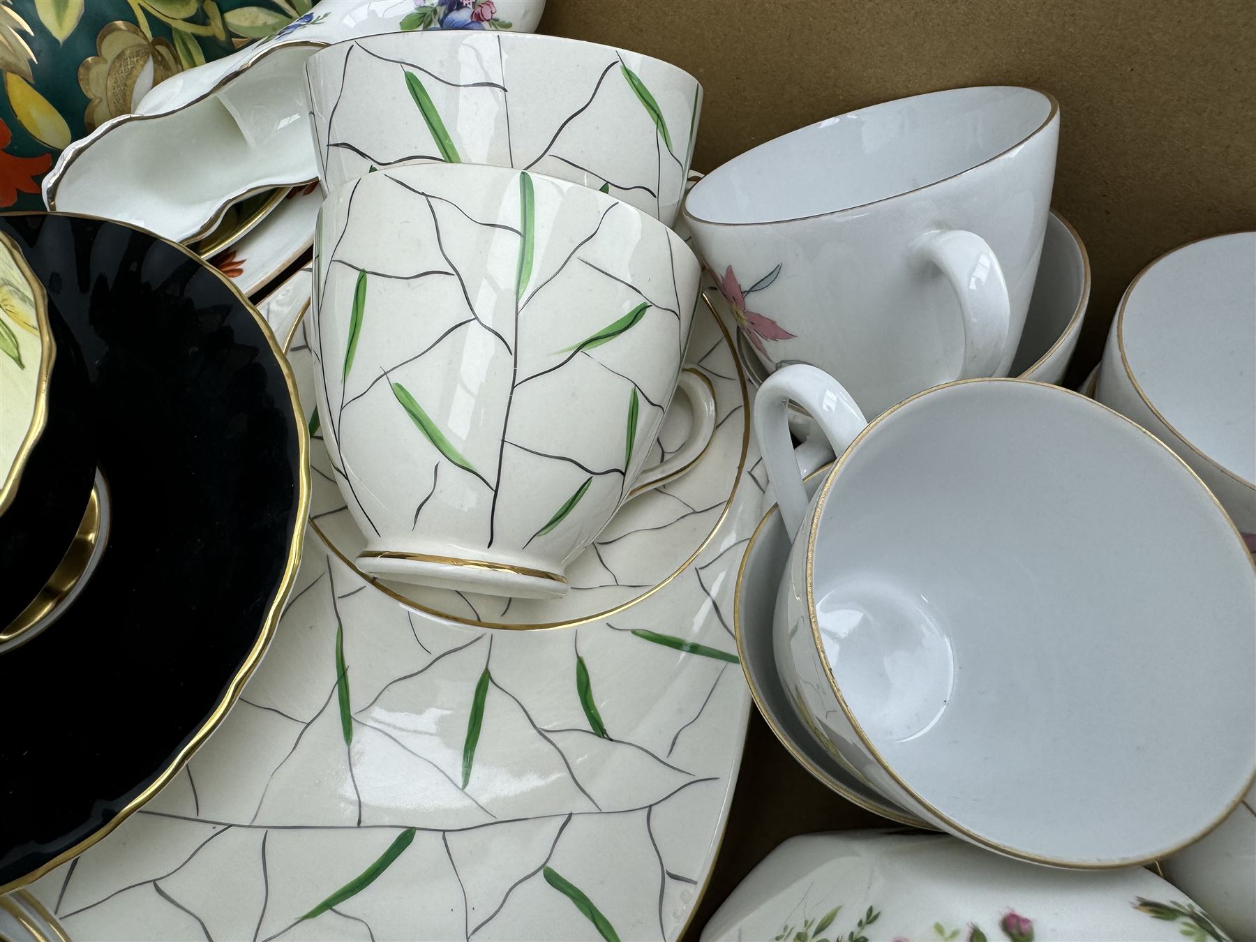 Aynsley harlequin cups and saucers, Royal Albert Old Country Roses vase and cover, Noritake coffee wares, Wedgwood Everest Goblet and various ceramics in two boxes