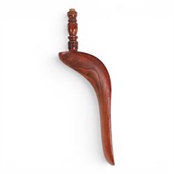 19th Century fruitwood goose-wing knitting sheath, decorated with geometric patterns, with a inset bone bust initialled A.B, together with a carved peg knitting stick, sheath L26cm