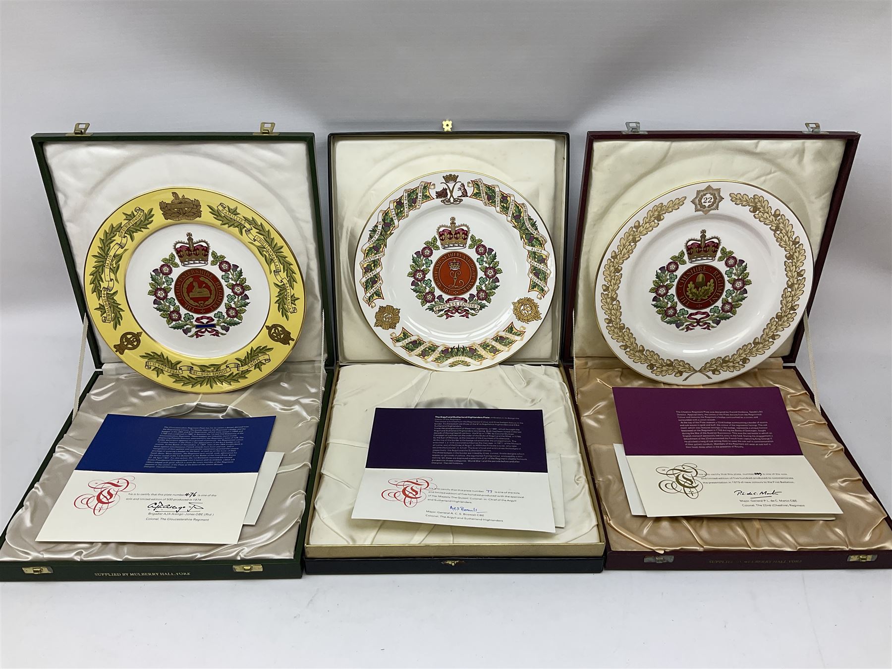Seven limited edition Spode Military collector's plates comprising The Argyll & Sutherland Highlanders, The Gordon Highlanders, The Royal Hampshire Regiment, The Royal Welch Fusilliers, The Cheshire Regiment, The Gloucestershire Regiment and The United States Marines, all boxed and with certificate  (7)