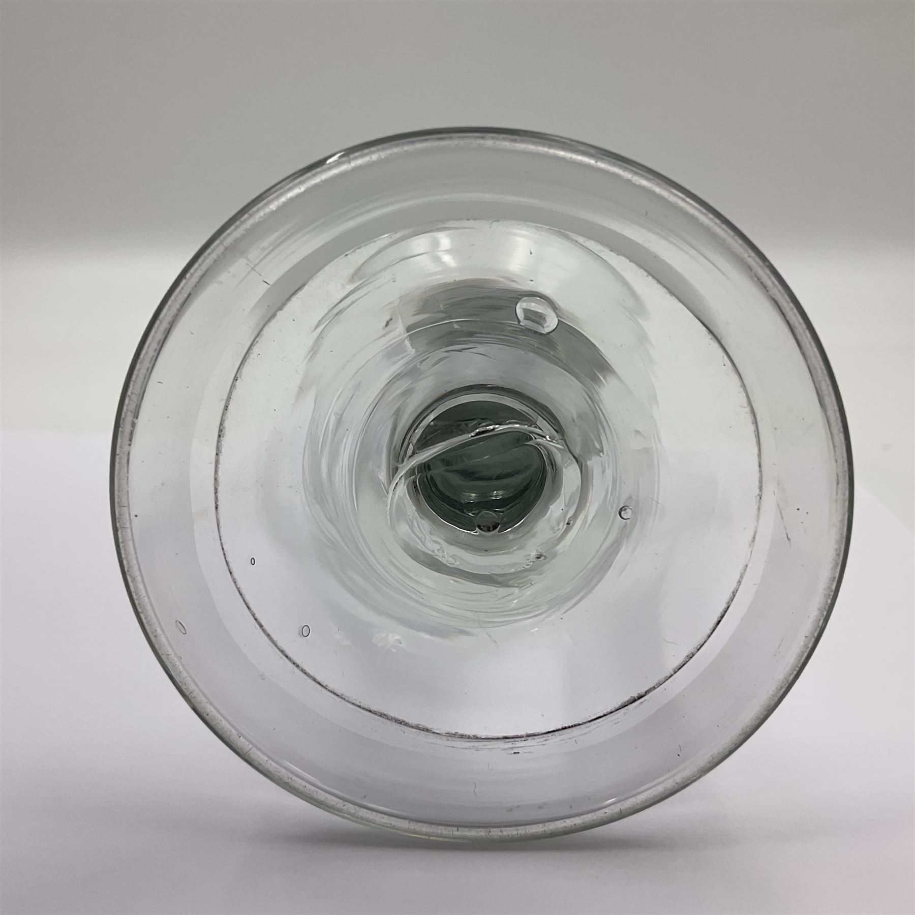 Pair of 18th century Jacobite style wine glasses, the ogee shaped bowls engraved with a single rose and sprig, plain stems upon conical folded feet H13cm