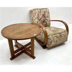 1930's bent oak armchair, upholstered back and seat (W62cm) and an oak circular occasional table, rectangular supports joined by floor stretchers (D61cm, H46cm)