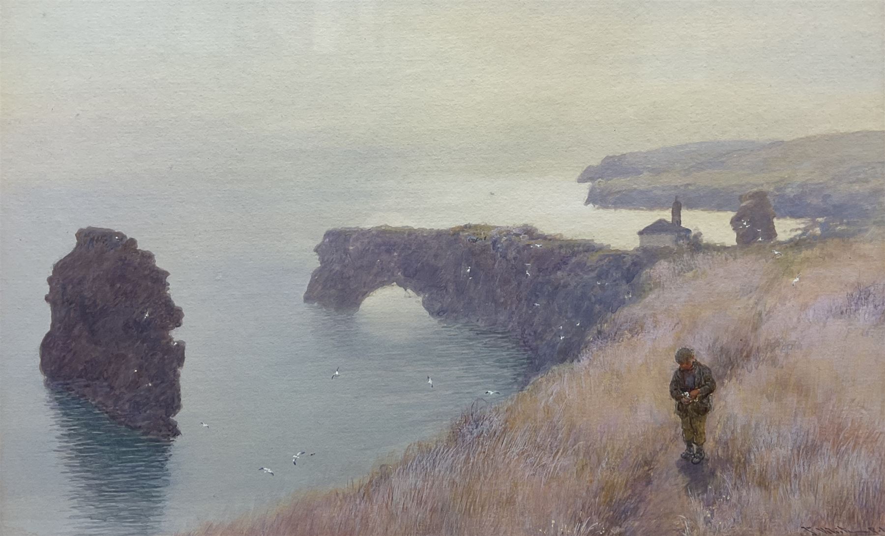 John White (Scottish 1851-1933): A Boy on a Coastal Path, watercolour and gouache signed 17.5cm x 28.5cm 