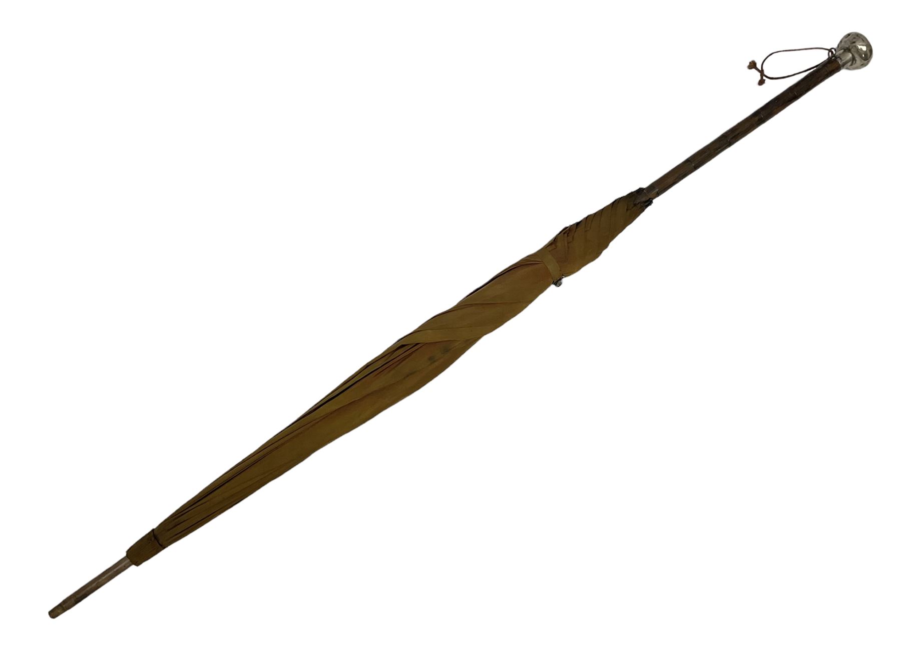Edwardian novelty parasol by Briggs of London, the bamboo shaft with brown fabric canopy, and silver mounted terminal concealing a silver mounted pencil, hallmarked Charles Henry Dumenil, London 1904, also marked Briggs, H93cm